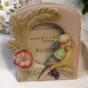 VTG Takahashi Bisque Porcelain 3D Parakeet & Hibiscus Flower Mini Picture Frame